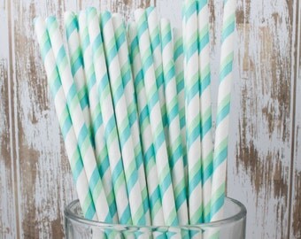 25 Aqua blue and Green barber striped paper drinking straws - with FREE DIY Flag Template. See also "Personalized" flags option.