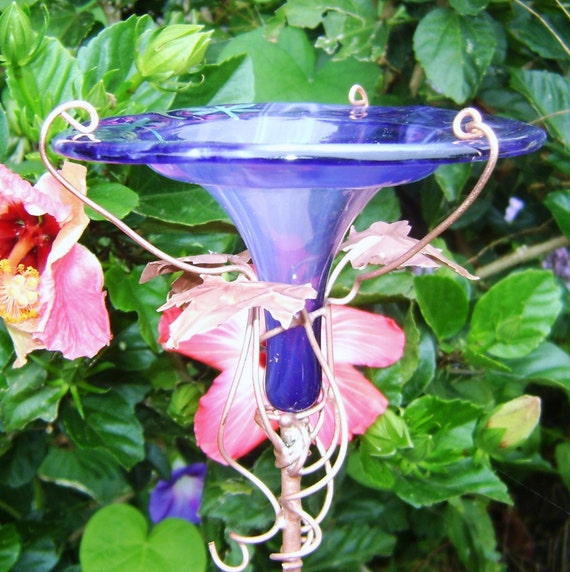 Dragonflies, HUMMINGBIRD FEEDER, stained glass, copper, garden stake ...