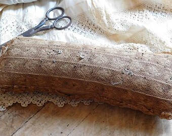 Antique Victorian Rectangle Lace Pincushion, Sewing Notions Collectible, Primitive Antique Lace