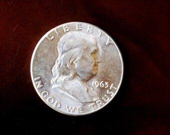 Americana vintage 1963 Franklin silver half dollar coin.