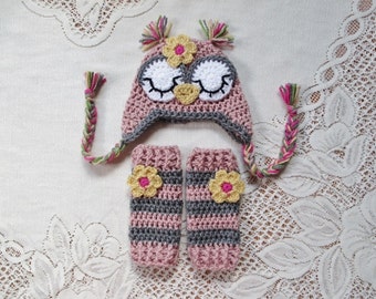 Light Raspberry and Dark Grey Owl Crochet Hat and Leg Warmers - Photo Prop Set - Available in Newborn to Toddler Size - Any Color Combo