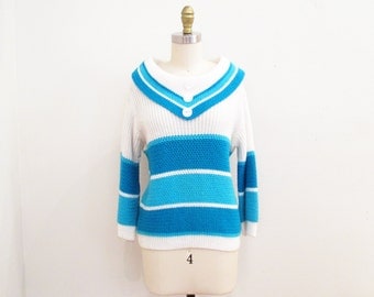 Vintage 1960s Sweater | Blue and White Mod 1950s 60s Sailor Sweater | small - medium | 6SW002