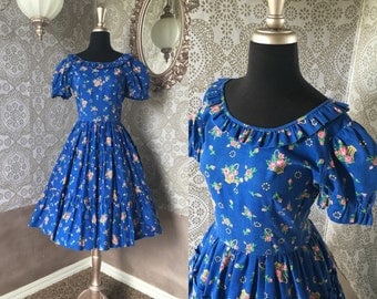 Vintage 1970's Blue Floral Print Tiered Square Dancing Dress Medium
