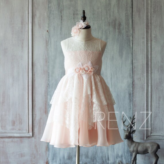 Peach Junior Bridesmaid Dress Illusion neck Ruffle Flower