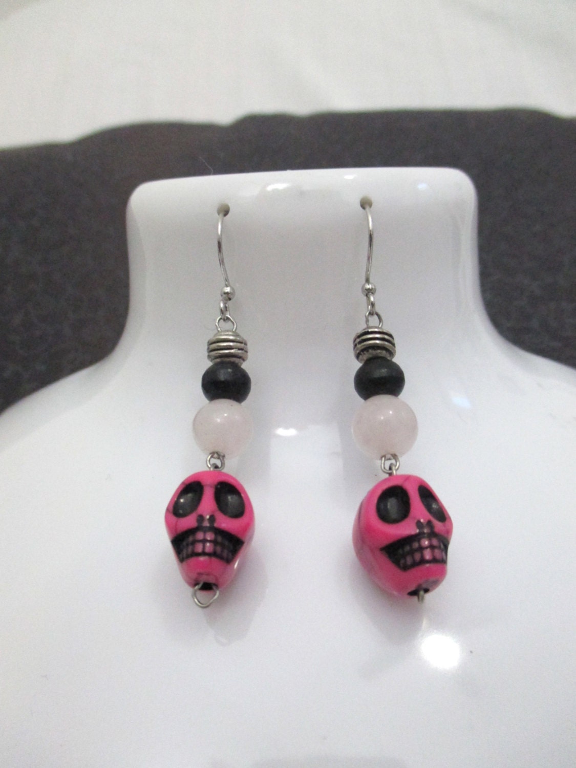 Rose Quartz and Pink Skull Beaded Dangle by DeadPoetAccessories