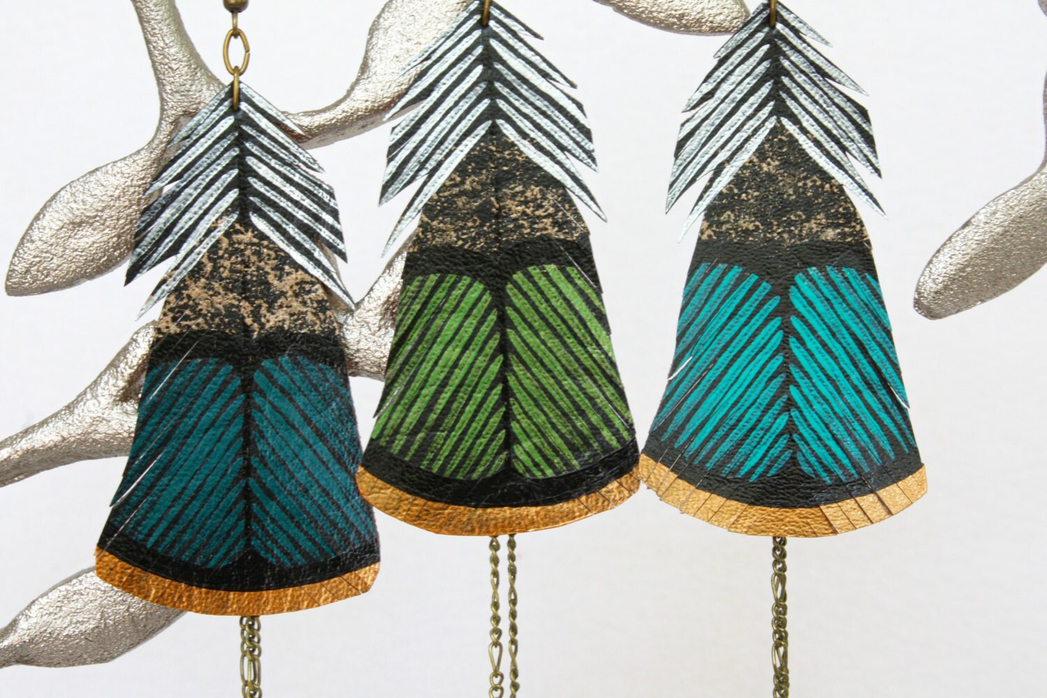 Turkey Feather Earrings Painted Faux Leather Handmade Dangle