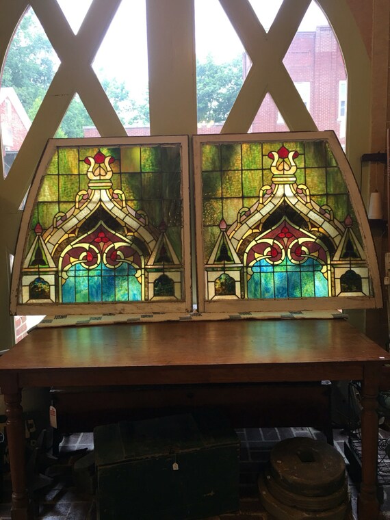 Antique Pair Stained Glass Windows circa by FirehouseAntiques