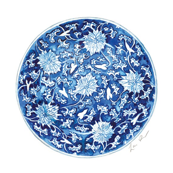 Blue and White China Plate No. 6 Print of Watercolor Ginger