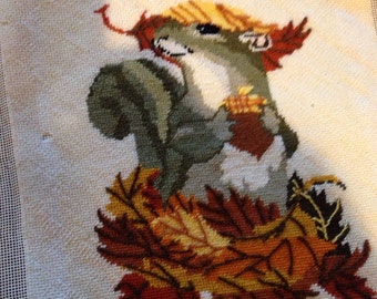 Squirrel in autumn leaves needlepoint