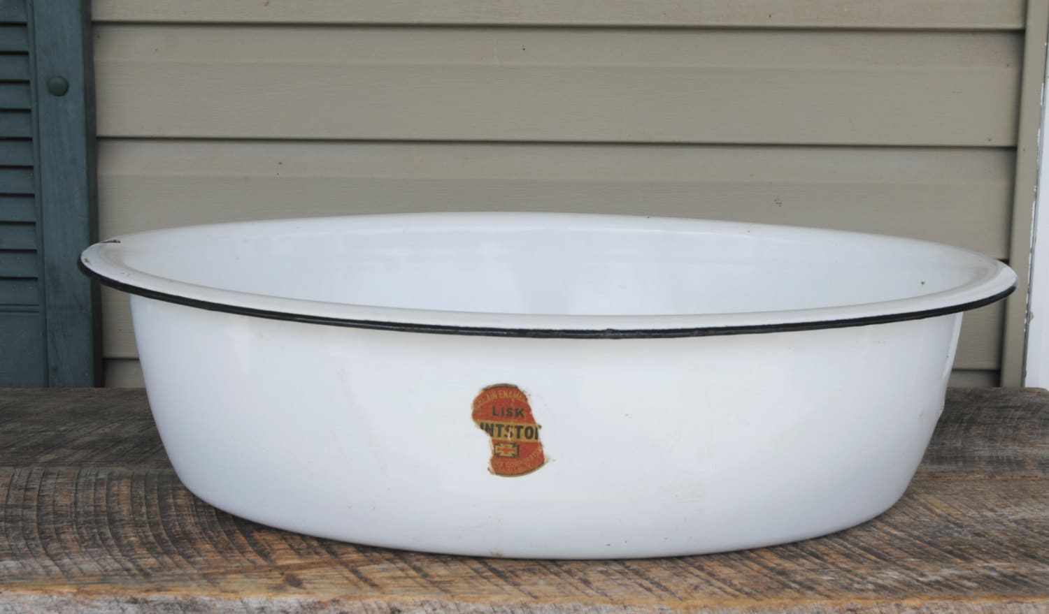 Vintage Enamelware Wash Tub Basin White with Black Trim Lisk