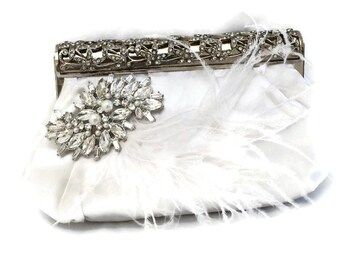 Bridal clutch, feather crystal evening bag, White clutch, wedding clutch, Vintage inspired clutch, Bridal evening bag