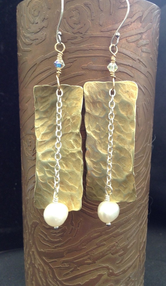 Nu gold brass earrings with pearls and crystals. Hammered and