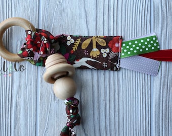 Ready to ship Natural maple teething ring in organic brown floral fabric. Can be personalized.