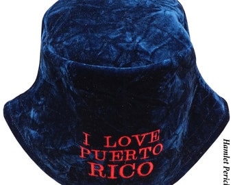 Blue Crushed Velvet Bucket Hat | I Love Puerto Rico Embroidered Hat | Boricua | Puerto Rico Crushed Velvet Hat by Hamlet Pericles | HP31016b