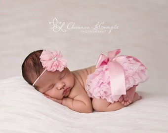 Newborn pink bloomer set, pink photography prop, newborn homecoming outfit, ruffle lace bloomers, newborn outfit, light pink lace bloomers