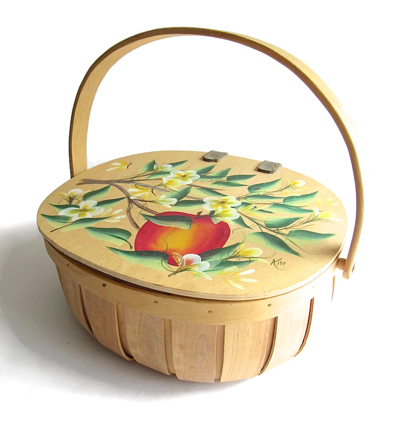 Vintage Hand Painted Basket Sewing Basket by DairyFarmAntiques