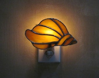 Conch Shell Night Light in an Amber, Red, Blue and Swirl Opalescent Glass- Handcrafted Authentic Stained Glass - Unique Gift Idea