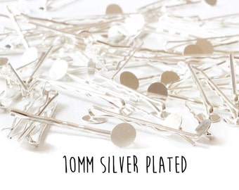 50 pieces - Silver Plated - Bobby Pins - 10mm - 2 inch length - Round Pad