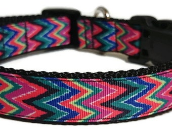 Personalized Dog Collar - Embroidered Multicolor Chevron - Adjustable Dog Collar - 1 Inch Wide