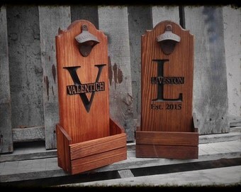 Beer bottle opener with cap catcher personalized Man cave 5 year anniversary gift for him Wooden Beer pub sign - Groomsmen wedding Gift
