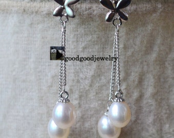 butterfly earrings,6-6.5mm White drop Pearl Earrings,double Pearl Earrings,Wedding Earrings,butterfly and pearl ear rings, Christmas present