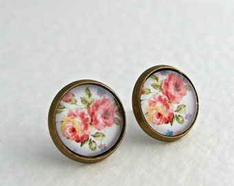 Pink Rose Earrings .. flower earrings, shabby chic, rose studs