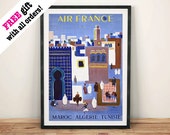 Marruecos Argelia Túnez: Cartel de viaje de África Vintage, Colgando de la pared de la impresión de arte azul