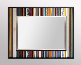 Reclaimed Wood Mirror - "India Reflection" - 34x40" Wood Stripes in Orange, Yellow, Blues, Reds - Modern Wood Wall Art - Abstract Wood Art