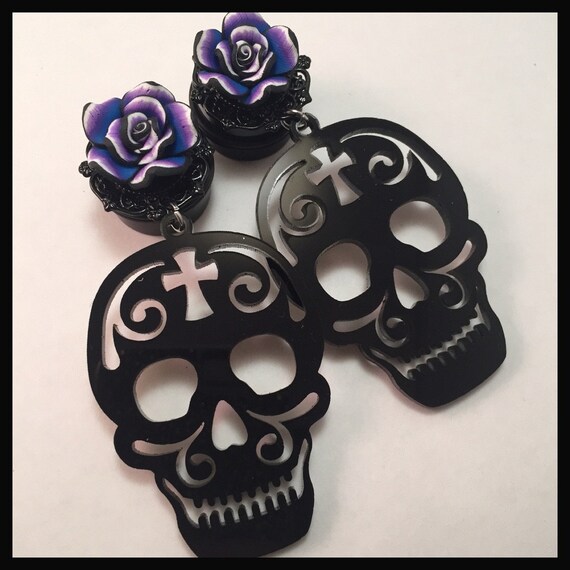 PICK SIZE Black Sugar Skull Acrylic Laser Cut dangle plug ear