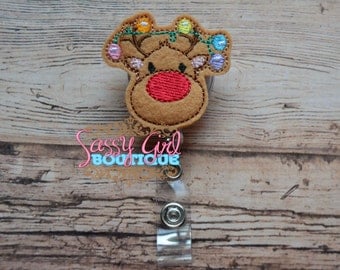 Holiday-Lanyard-Christmas-felt badge reel-name badge holder-ID holder-retractable badge reel-Reindeer Christmas Lights-badge clip-badge pull