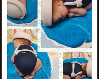 Fondant Nautical Baby cake topper. Baby Cake decorations for baby shower, or any special ocassion. Made of vanilla fondant - Cake topper