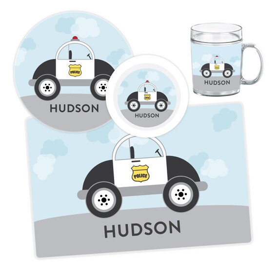 Police Car Plate, Bowl, Mug or Placemat - Police Car Dinnerware Set - Personalized Plate for Kids - Custom Kids Melamine Tableware Il_570xn