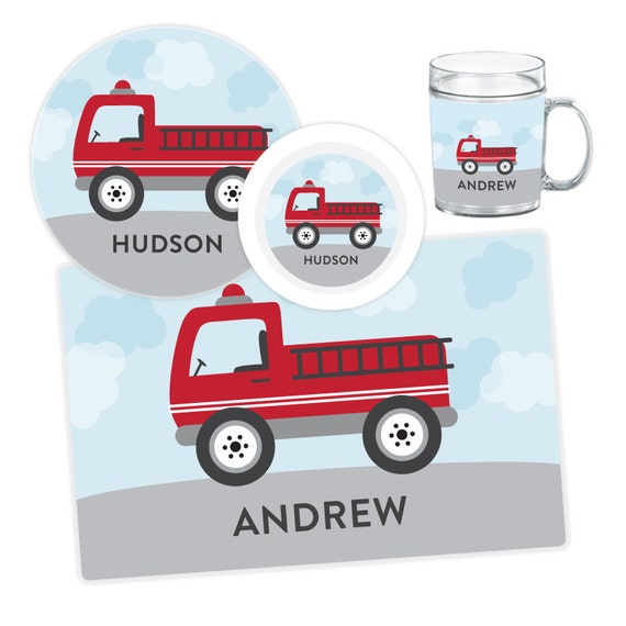 Fire Truck Plate, Bowl, Mug or Placemat - Fire Truck Dinnerware Set - Personalized Melamine Plate for Kids - Children Plates Il_570xn