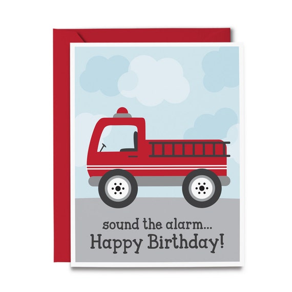 Fire Truck Birthday Card Happy Birthday by tickledpeachstudio