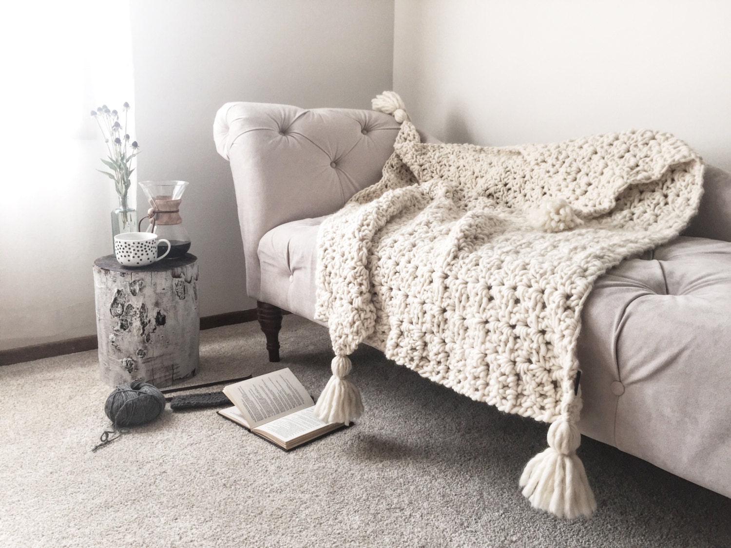 Chunky Knit Throw Blanket Crochet Pure Merino Wool Afghan with