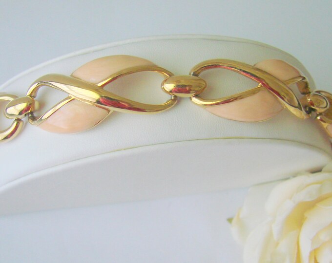 Monet Coral Enamel Goldtone Link Bracelet / Retro / Designer Signed / Vintage / Jewelry / Jewellery