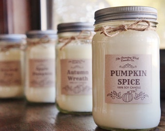 Fall & Autumn Pure Soy Candle////Choose Your Scent//Container Candle//Mason Jar Candle//16 oz. Candle/ 8 oz. Candle/Hand Poured/ Dye Free