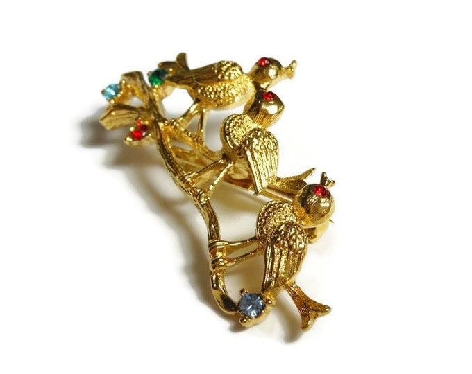 FREE SHIPPING Gerry's birds brooch, gold pin birds on a log, red rhinestone eyes, red green blue rhinestone flowers, figural floral brooch