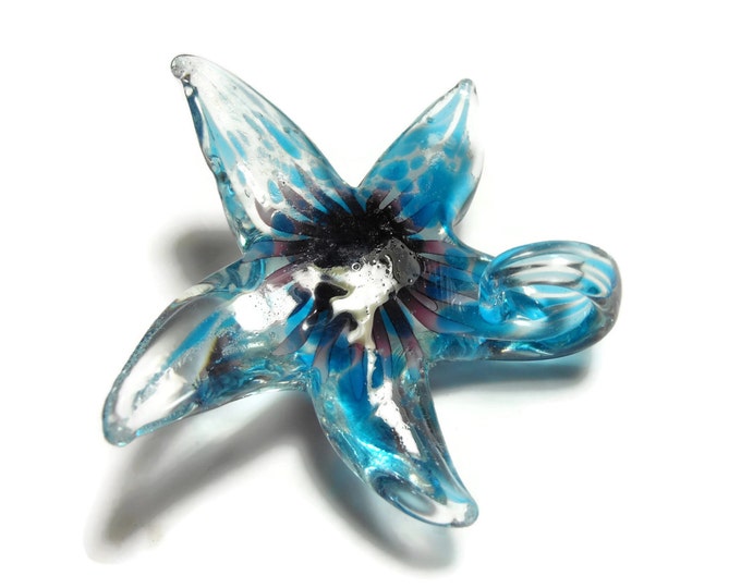 Large lampworked pendant, blue purple pink, 50x45mm single-sided starfish. Sold individually.