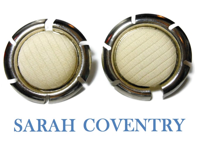 FREE SHIPPING Sarah Coventry earrings, 1961 Color Frame, silver tone round, interchangeable fabric, clip earrings,faux mother of pearl