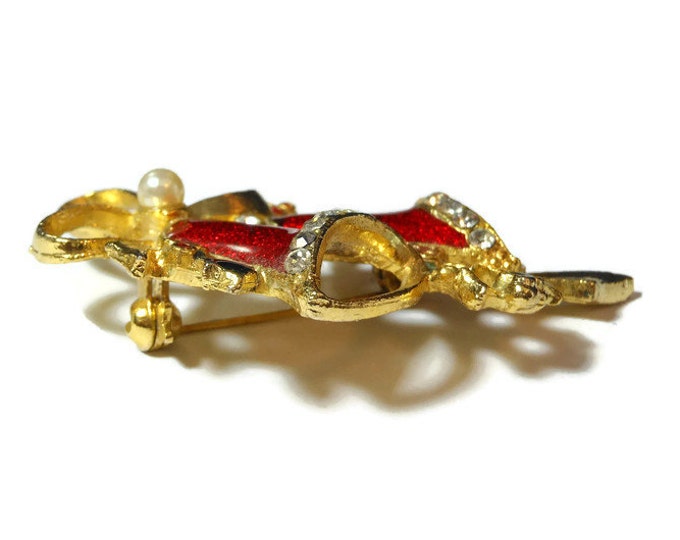 FREE SHIPPING Holiday bells brooch pin, Christmas bells with red glitter enamel, rhinestones, mistletoe and faux pearl