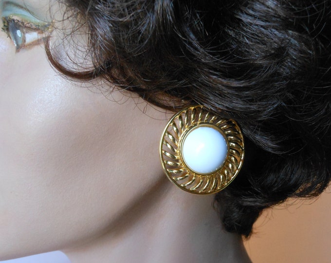 SALE Trifari button earrings, 1980s stud earrings, gold wheel like frame with white lucite domed button center