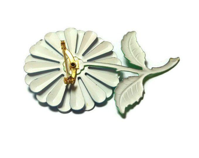 FREE SHIPPING Blue daisy brooch pin, large 1960s powder blue and sky blue enamel flower floral dark blue center and green stem and leaves