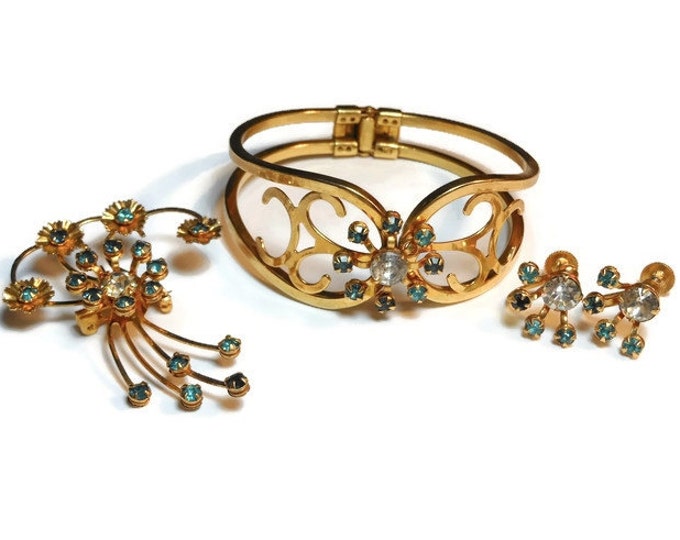 Bugbee and Niles parure, 1940s aqua and clear rhinestone bracelet, earrings and brooch pendant combo set, in original presentation box