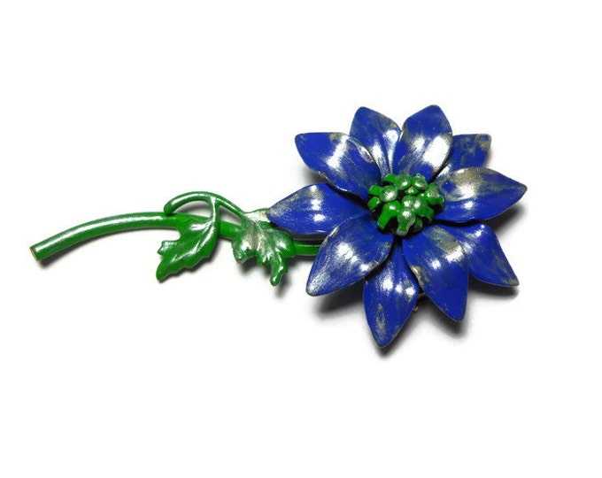 FREE SHIPPING Blue floral brooch pin, enamel daisy like pin, upcycled by adding a wash of light gold antiquing glaze over the blue and green