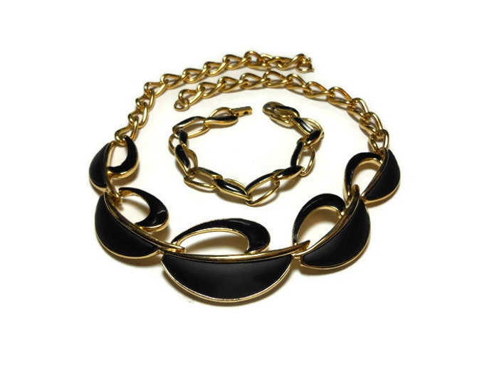 FREE SHIPPING 1980s Trifari choker bracelet set, gold and black gloss and flat enamel demi parure with gold tone chain, necklace