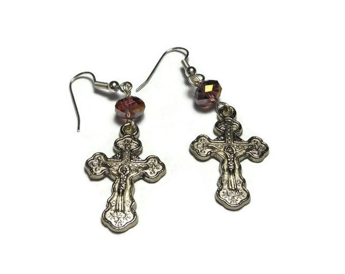 Orthodox Crucifix Earrings, handmade Russian Orthodox silver plated with lilac pink faceted Swarovski crystals cross pierced dangle earrings