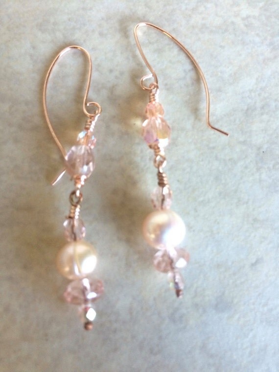 Peach Pearl and Crystal Beaded Earrings