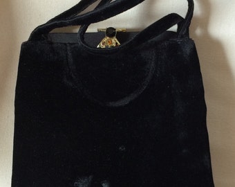 Vintage Black Velveteen Evening Purse, Gem Clasp