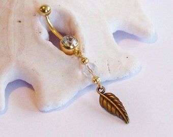 Gold Belly Button Ring - Gold Leaf with AB Finish Crystal Belly Button Jewelry - Belly Button Jewelry Made to Order